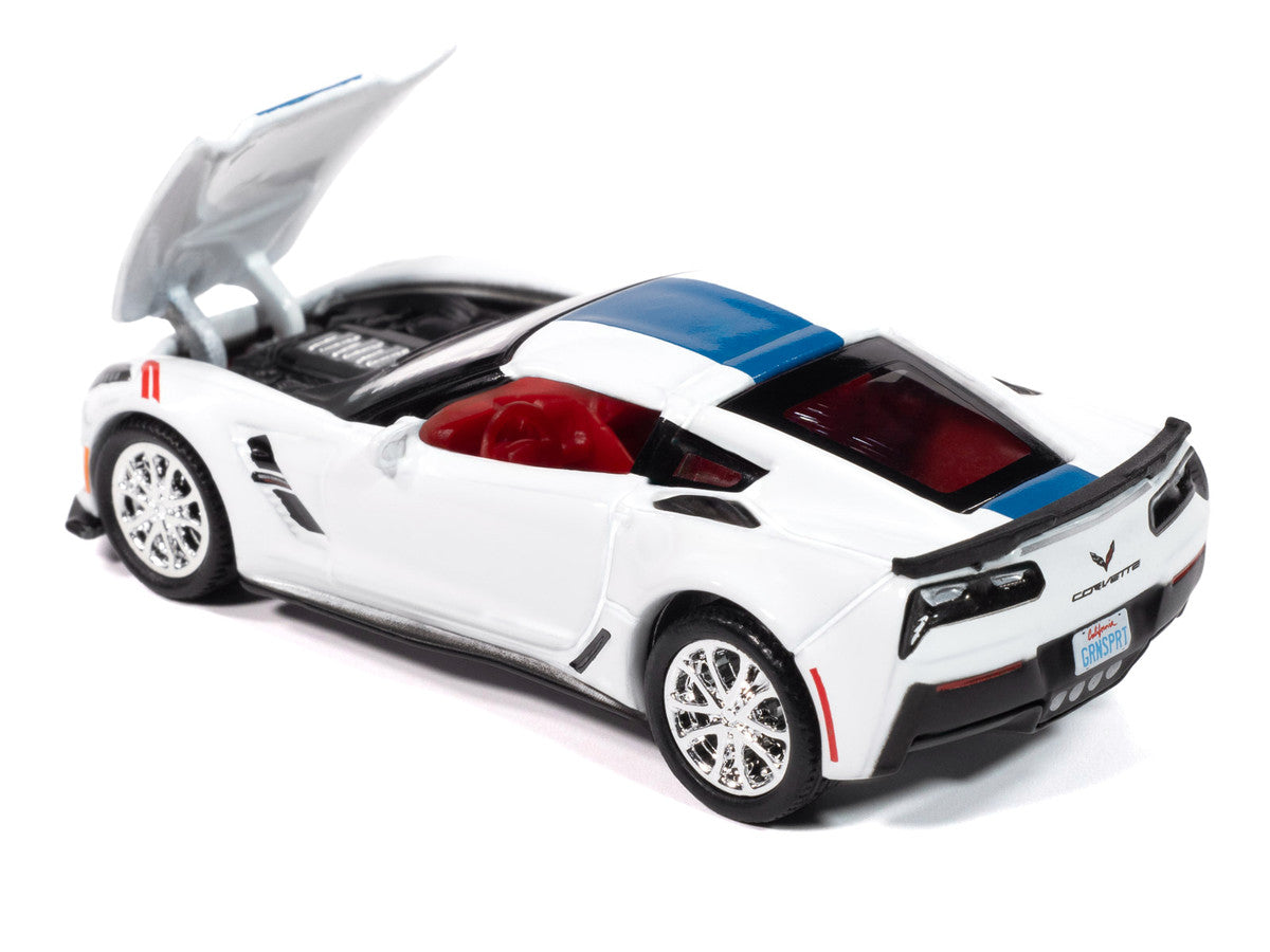 2018 Chevrolet Corvette Grand Sport Arctic White with Blue Stripe and Red Interior "Sports Cars" Series 1/64 Diecast Model Car by Auto World LuxuryLifeWay Online Store