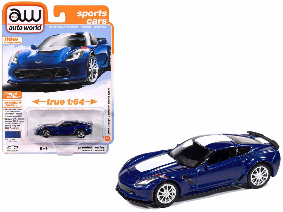 2018 Chevrolet Corvette Grand Sport Admiral Blue with White Stripe "Sports Cars" Series 1/64 Diecast Model Car by Auto World LuxuryLifeWay Online Store