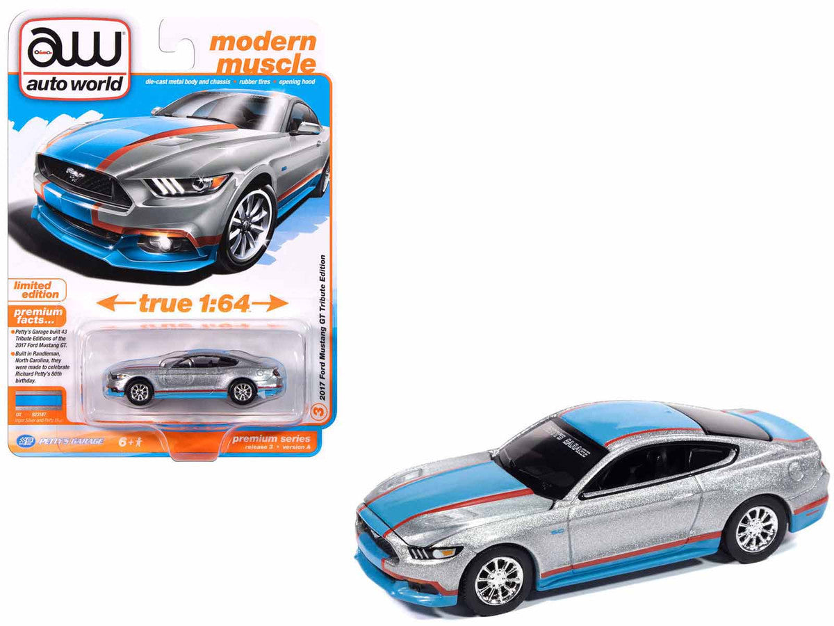 2017 Ford Mustang GT Tribute Edition "Petty's Garage" Ingot Silver Metallic with Petty Blue and Red Stripes "Modern Muscle" Series 1/64 Diecast Model Car by Auto World LuxuryLifeWay Online Store