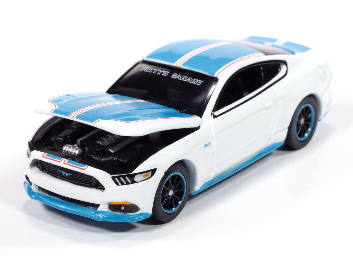 2016 Ford Mustang GT King Premier Edition "Petty's Garage" Oxford White with Petty Blue Stripes "Modern Muscle" Series 1/64 Diecast Model Car by Auto World LuxuryLifeWay Online Store