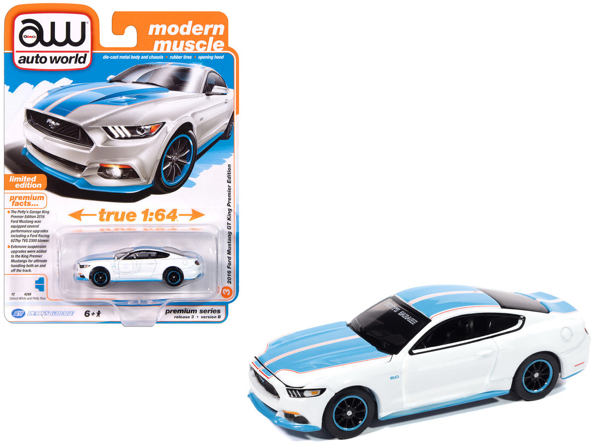2016 Ford Mustang GT King Premier Edition "Petty's Garage" Oxford White with Petty Blue Stripes "Modern Muscle" Series 1/64 Diecast Model Car by Auto World LuxuryLifeWay Online Store
