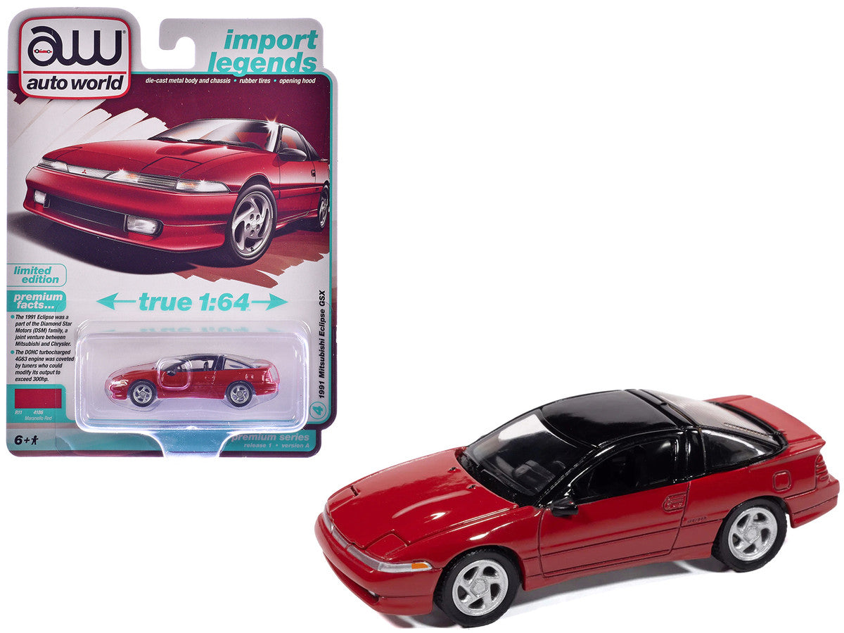 1991 Mitsubishi Eclipse GSX Maranello Red with Black Top "Import Legends" Series 1/64 Diecast Model Car by Auto World LuxuryLifeWay Online Store