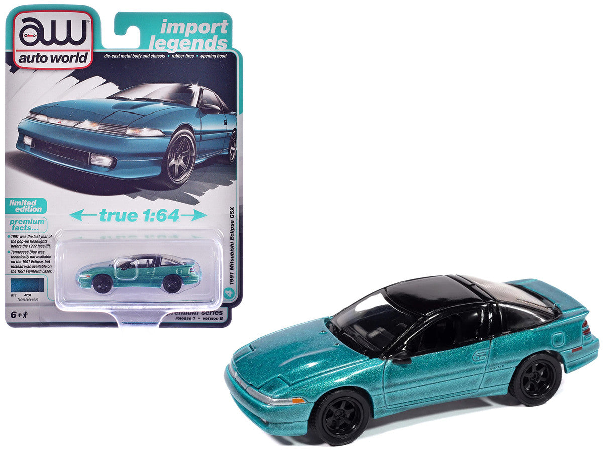 1991 Mitsubishi Eclipse GSX Tennessee Blue Metallic with Black Top "Import Legends" Series 1/64 Diecast Model Car by Auto World LuxuryLifeWay Online Store