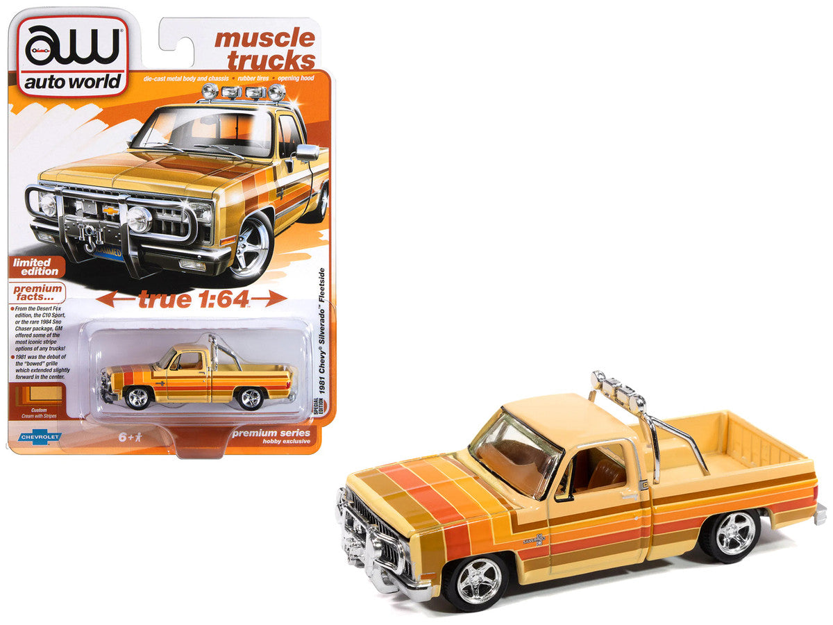 1981 Chevrolet Silverado Fleetside Pickup Truck Cream with Stripes "Hobby Exclusive" Series 1/64 Diecast Model Car by Auto World LuxuryLifeWay Online Store