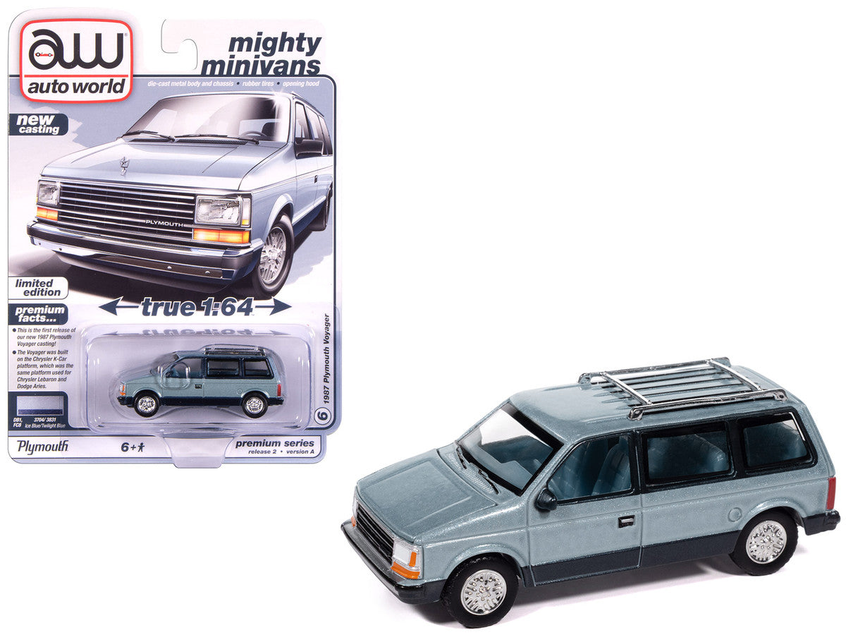 1987 Plymouth Voyager Van Ice Blue Metallic and Twilight Blue Metallic 2-Tone with Blue Interior "Mighty Minivans" Series 1/64 Diecast Model Car by Auto World LuxuryLifeWay Online Store