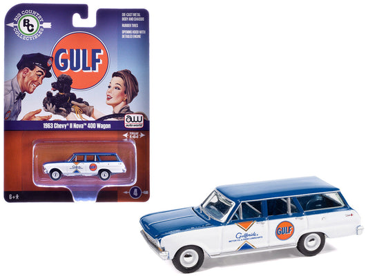 1963 Chevrolet II Nova 400 Wagon "Gulf" Blue and White with Blue Interior "Big Country Collectibles" 2025 Series 1/64 Diecast Model Car by Auto World LuxuryLifeWay Online Store