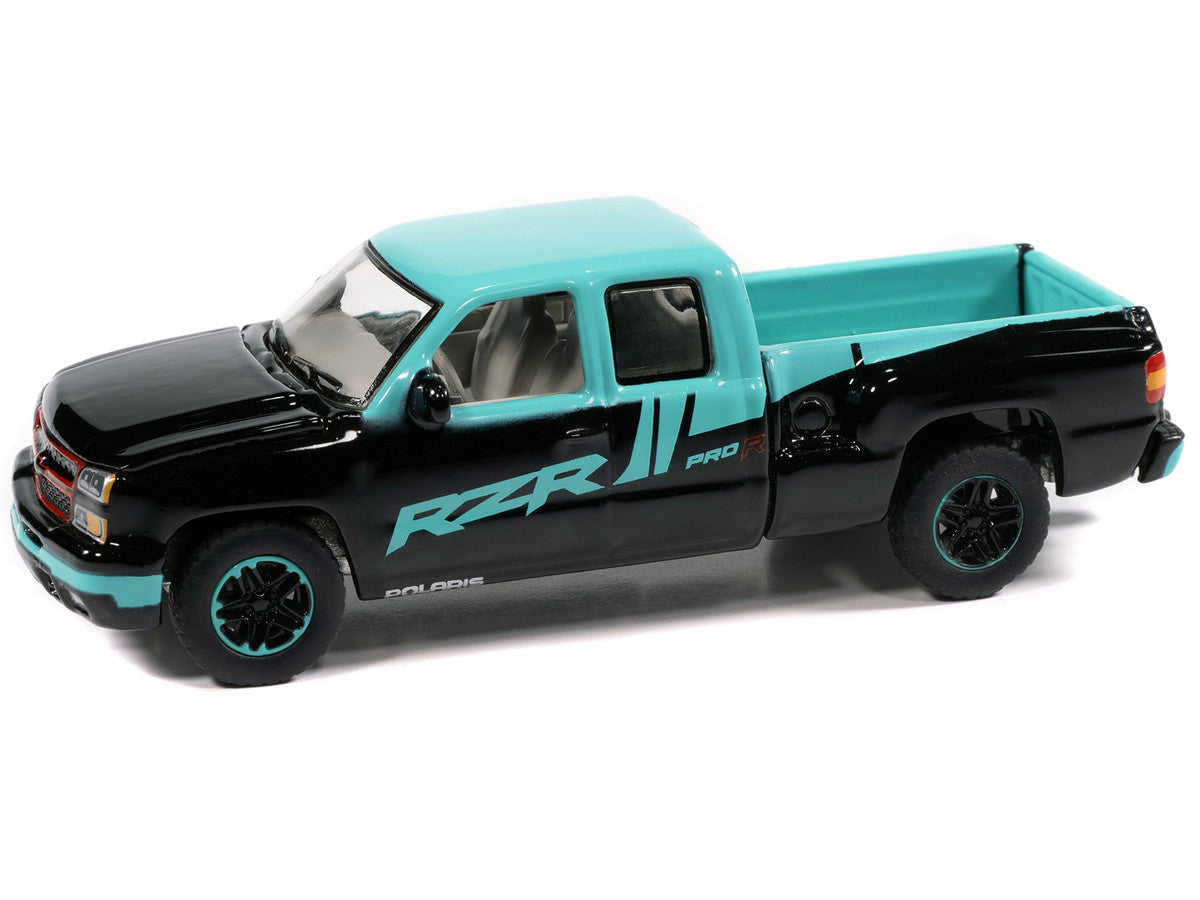 2006 Chevrolet Silverado Pickup Truck "Polaris RZR" Black and Blue "Big Country Collectibles" 2025 Series 1/64 Diecast Model Car by Auto World LuxuryLifeWay Online Store