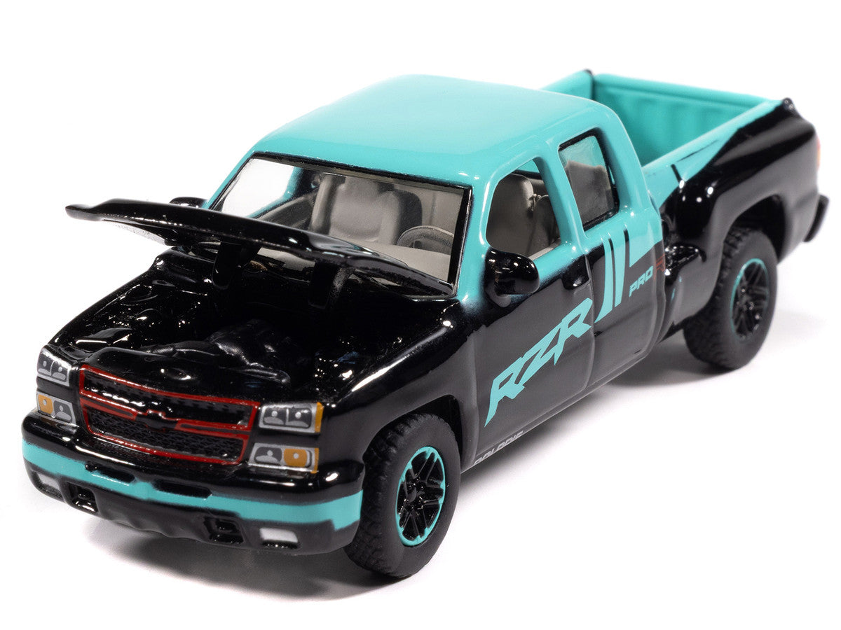 2006 Chevrolet Silverado Pickup Truck "Polaris RZR" Black and Blue "Big Country Collectibles" 2025 Series 1/64 Diecast Model Car by Auto World LuxuryLifeWay Online Store