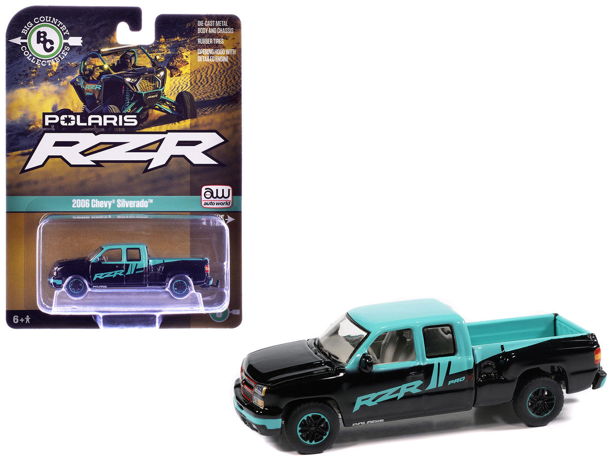 2006 Chevrolet Silverado Pickup Truck "Polaris RZR" Black and Blue "Big Country Collectibles" 2025 Series 1/64 Diecast Model Car by Auto World LuxuryLifeWay Online Store