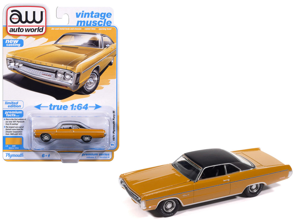 1971 Plymouth Fury III Bahama Yellow with Black Top "Vintage Muscle" Series 1/64 Diecast Model Car by Auto World LuxuryLifeWay Online Store