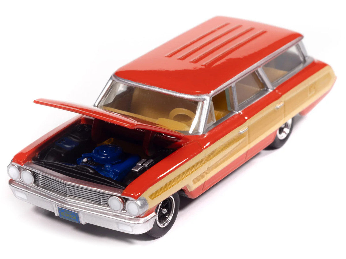 1964 Ford Country Squire Poppy Red with Woodgrain Sides "Muscle Wagons" Series 1/64 Diecast Model Car by Auto World LuxuryLifeWay Online Store