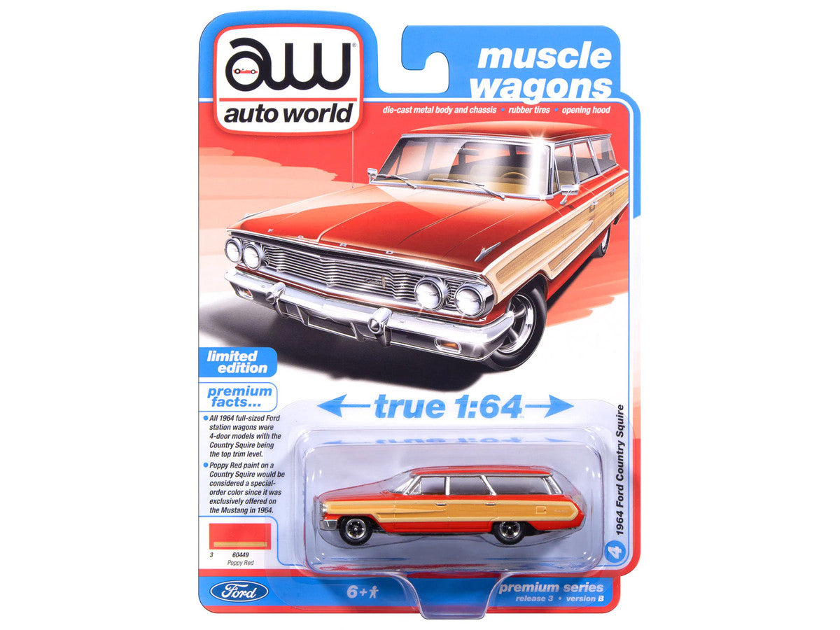 1964 Ford Country Squire Poppy Red with Woodgrain Sides "Muscle Wagons" Series 1/64 Diecast Model Car by Auto World LuxuryLifeWay Online Store