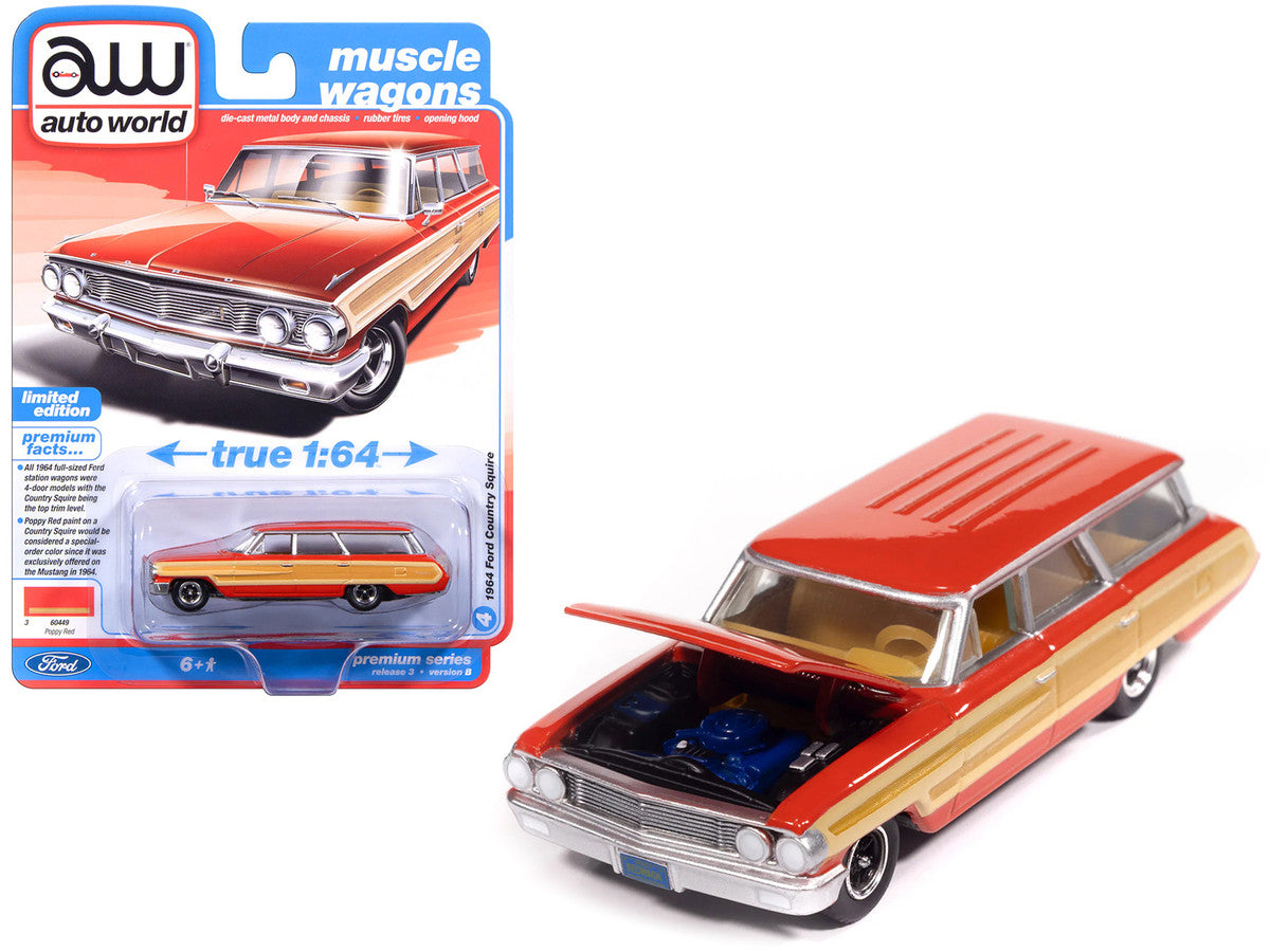 1964 Ford Country Squire Poppy Red with Woodgrain Sides "Muscle Wagons" Series 1/64 Diecast Model Car by Auto World LuxuryLifeWay Online Store