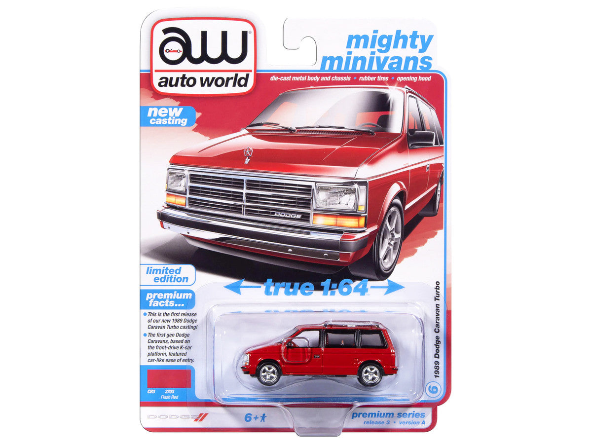 1989 Dodge Caravan Turbo Van Flash Red "Mighty Minivans" Series 1/64 Diecast Model Car by Auto World LuxuryLifeWay Online Store