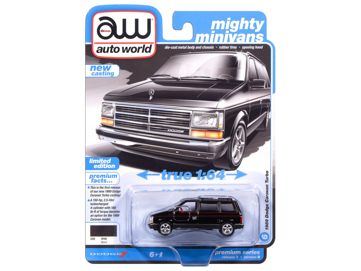 1989 Dodge Caravan Turbo Van Black with Red Stripes and Interior "Mighty Minivans" Series 1/64 Diecast Model Car by Auto World LuxuryLifeWay Online Store