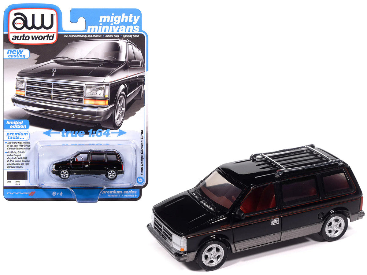 1989 Dodge Caravan Turbo Van Black with Red Stripes and Interior "Mighty Minivans" Series 1/64 Diecast Model Car by Auto World LuxuryLifeWay Online Store