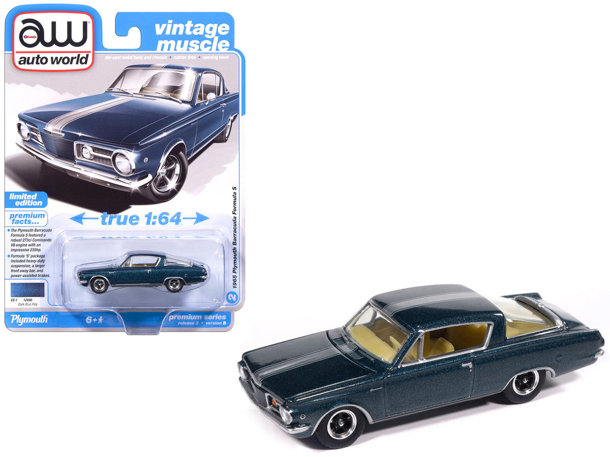 1965 Plymouth Barracuda Formula S Dark Blue Metallic with Silver Stripe "Vintage Muscle" Series 1/64 Diecast Model Car by Auto World LuxuryLifeWay Online Store