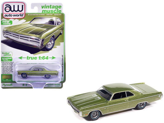 1971 Plymouth Sport Fury GT Amber Sherwood Green Metallic with White Graphics "Vintage Muscle" Series 1/64 Diecast Model Car by Auto World LuxuryLifeWay Online Store