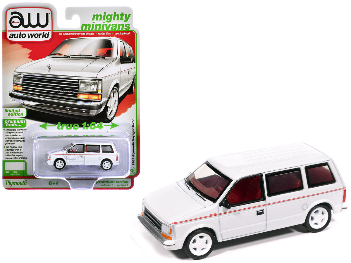 1989 Plymouth Voyager Turbo Van Bright White with Red Stripes and Interior "Mighty Minivans" Series 1/64 Diecast Model Car by Auto World LuxuryLifeWay Online Store