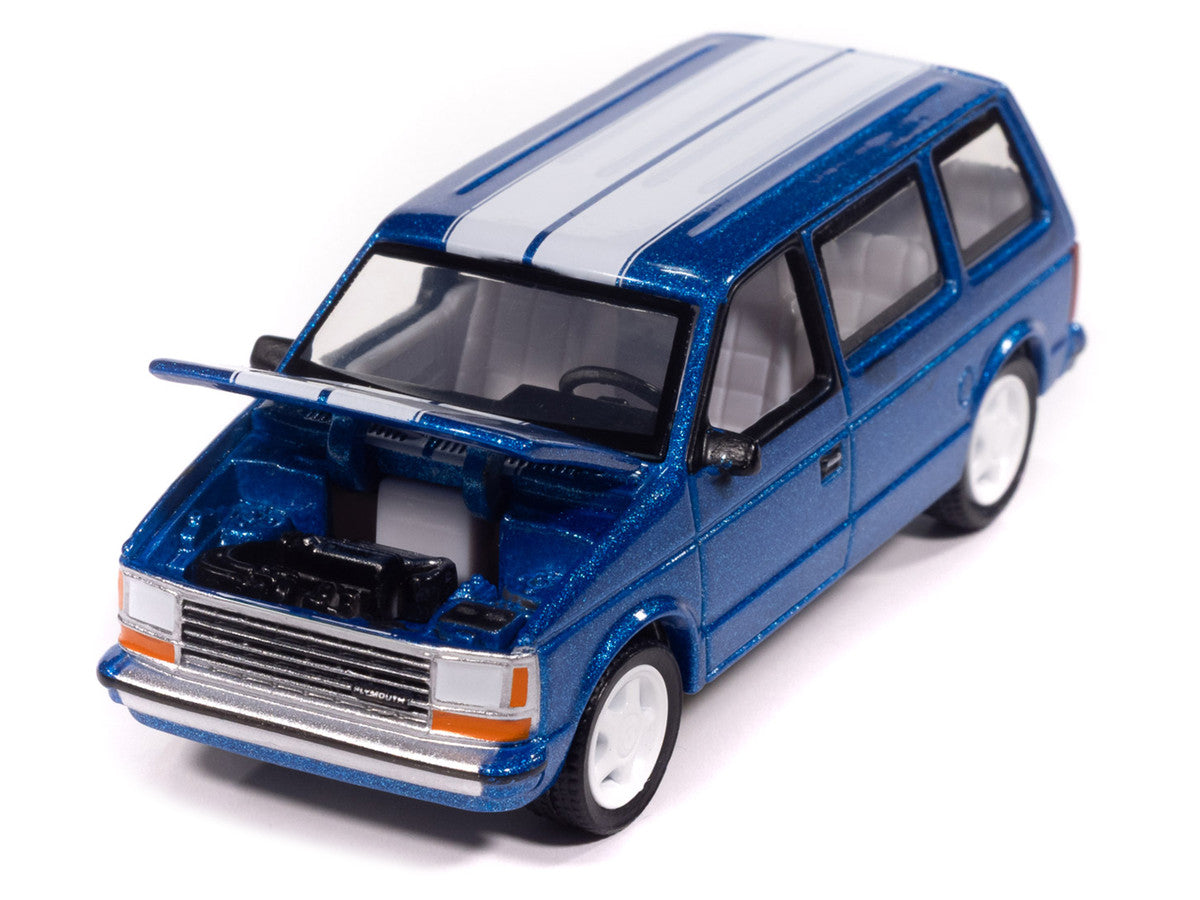1989 Plymouth Voyager Turbo Van Daytona Blue Metallic with White Stripes and Interior "Mighty Minivans" Series 1/64 Diecast Model Car by Auto World LuxuryLifeWay Online Store