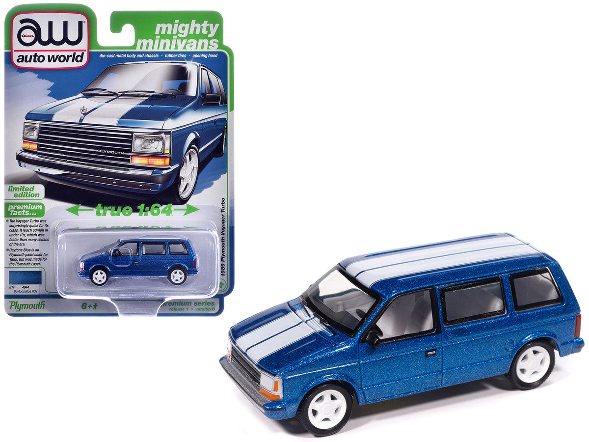 1989 Plymouth Voyager Turbo Van Daytona Blue Metallic with White Stripes and Interior "Mighty Minivans" Series 1/64 Diecast Model Car by Auto World LuxuryLifeWay Online Store