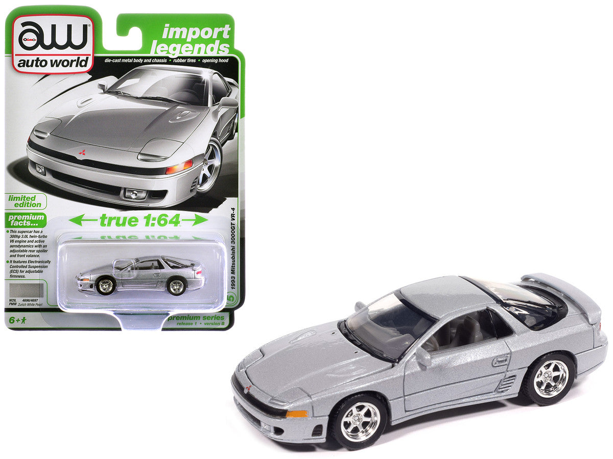 1993 Mitsubishi 3000GT VR-4 Zurich White Silver Metallic "Import Legends" Series 1/64 Diecast Model Car by Auto World LuxuryLifeWay Online Store