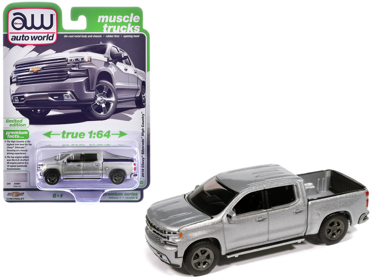 2019 Chevrolet Silverado High Country Pickup Truck Silver Ice Metallic "Muscle Trucks" Series 1/64 Diecast Model Car by Auto World LuxuryLifeWay Online Store