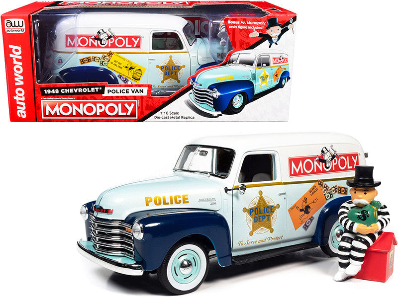 1948 Chevrolet Panel Police Van with Mr. Monopoly Figurine "Monopoly" 1/18 Diecast Model Car by Auto World LuxuryLifeWay Online Store