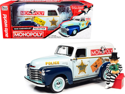 1948 Chevrolet Panel Police Van with Mr. Monopoly Figurine "Monopoly" 1/18 Diecast Model Car by Auto World LuxuryLifeWay Online Store