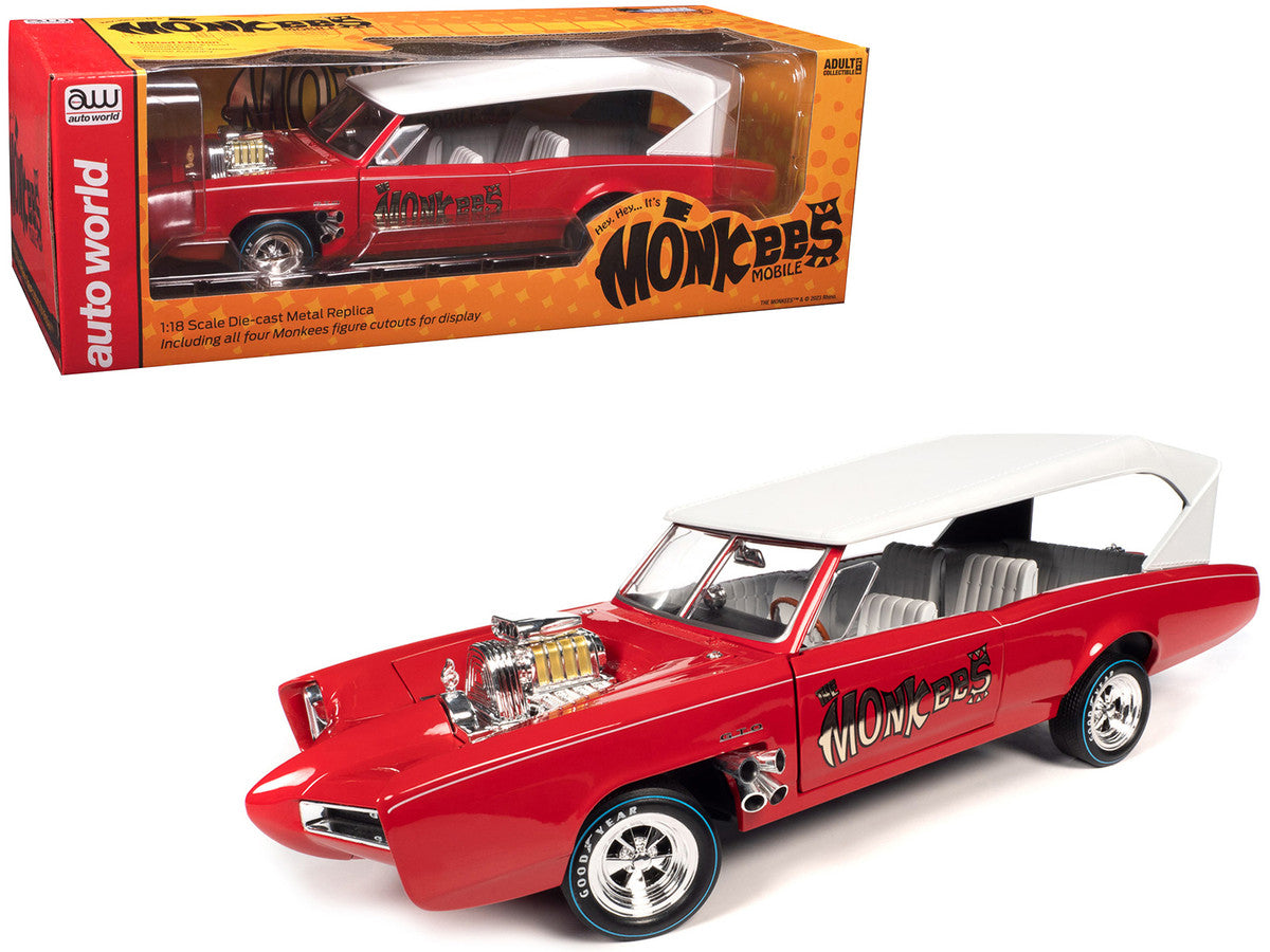 Monkeemobile Red with White Top and Interior "The Monkees" with Four Monkees Figure Cutouts "Silver Screen Machines" Series 1/18 Diecast Model Car by Auto World LuxuryLifeWay Online Store