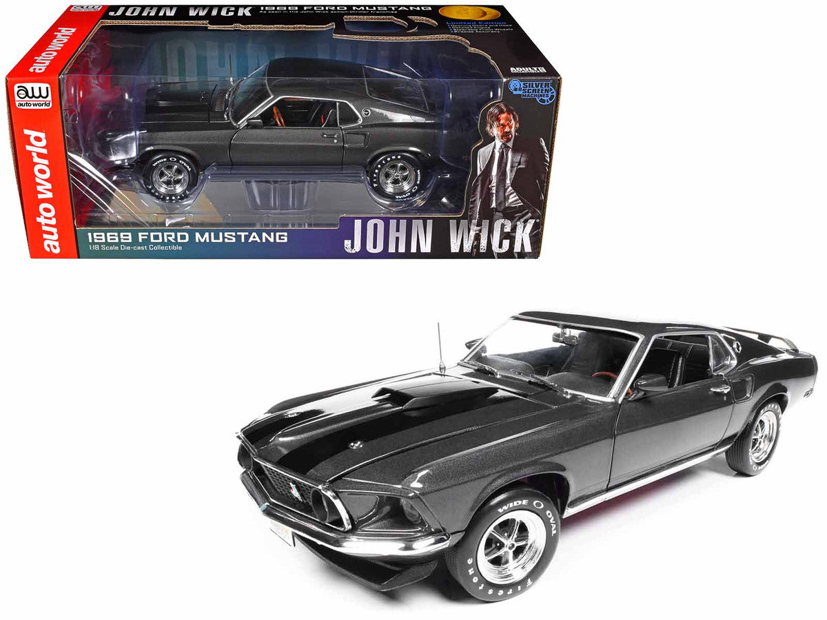 1969 Ford Mustang Dark Gray Metallic with Black Stripes "John Wick" (2014) Movie "Silver Screen Machines" Series 1/18 Diecast Model Car by Auto World LuxuryLifeWay Online Store