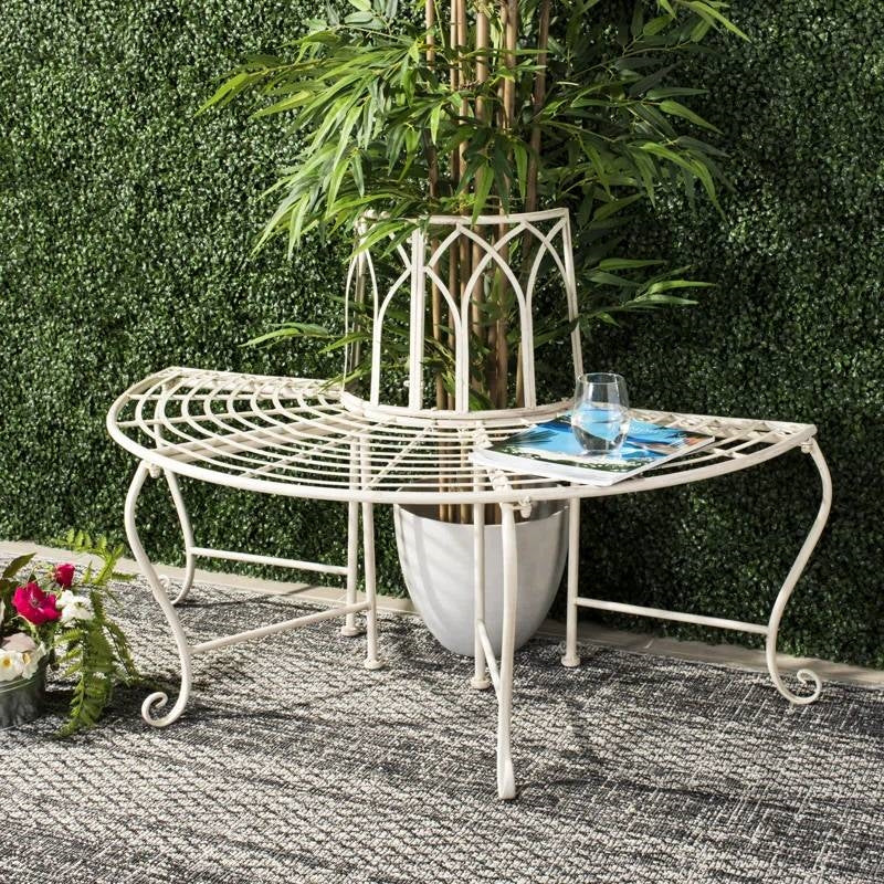 Half-Circle Outdoor Patio Garden Antique White Wrought Iron Tree Bench LuxuryLifeWay Online Store