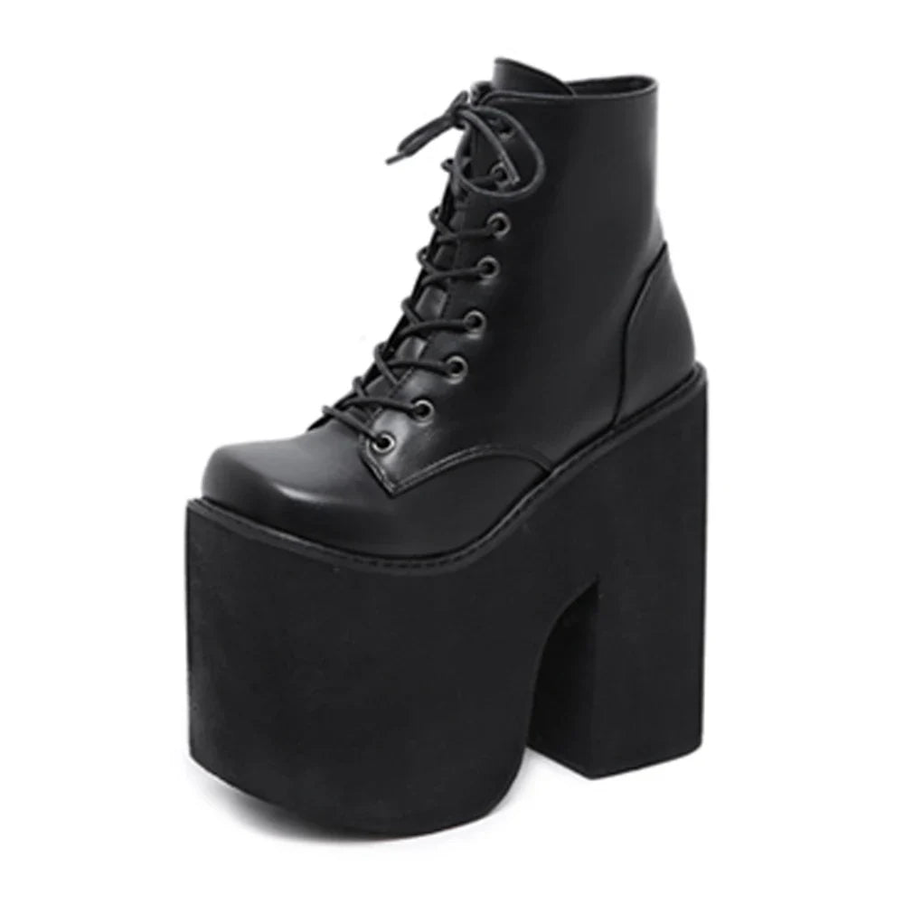 Gdgydh Women's Y2K Style Short Boots Square Closed Toe Lace Up Platform Boots High Chunky Heels Fashion Solid Color Shoes LadyShow.Store
