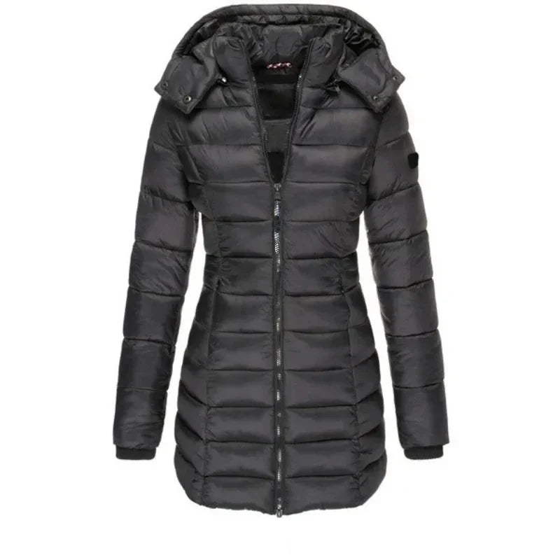 Winter Thicken Warm Women Parkas Zippers Solid Overcoat Casual Long Sleeve Padded Puffer Jacket Female Mid-length Slim Coat Top LadyShow.Store