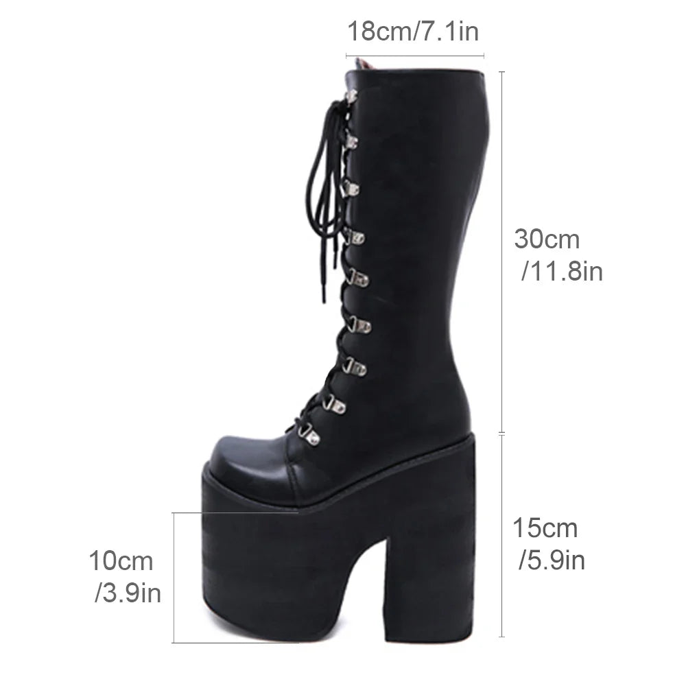 Gdgydh Women's Y2K Side Zipper Platform Boots Knee High Motorcycle Boots Black Closed Toe Lace Up Long Boots LadyShow.Store