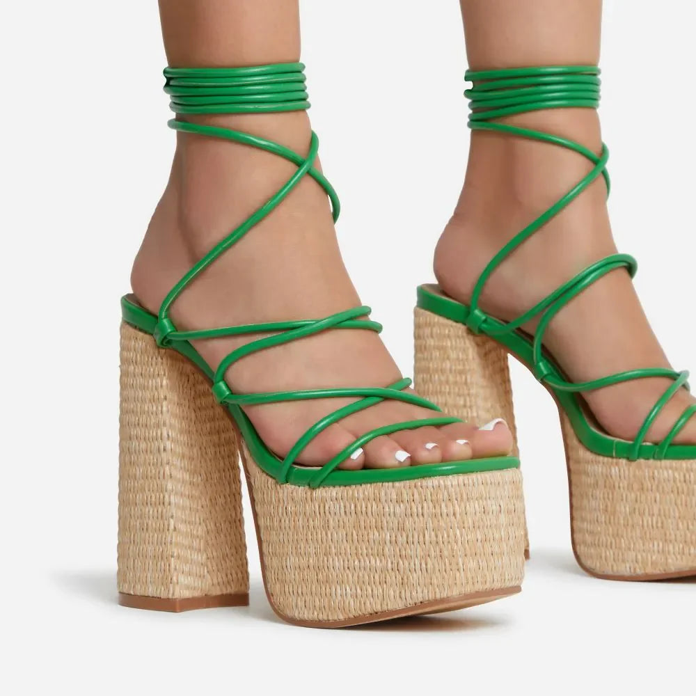Woven Platform Lace Up Strappy Sandals Block Heel Open Toe Solid Color Sexy Roman Style Women Shoes Summer 2026 New Arrivals Pi-Mart