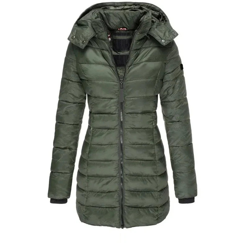Winter Thicken Warm Women Parkas Zippers Solid Overcoat Casual Long Sleeve Padded Puffer Jacket Female Mid-length Slim Coat Top LadyShow.Store