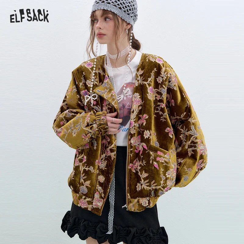 ELFSACK 2025 Gold Velvet Jacket Women's Winter Short Coat, Embroidered Goldfish Chinese Style Vintage Loose Padded Jacket LadyShow.Store