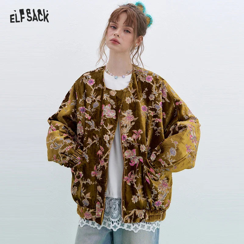 ELFSACK 2025 Gold Velvet Jacket Women's Winter Short Coat, Embroidered Goldfish Chinese Style Vintage Loose Padded Jacket LadyShow.Store