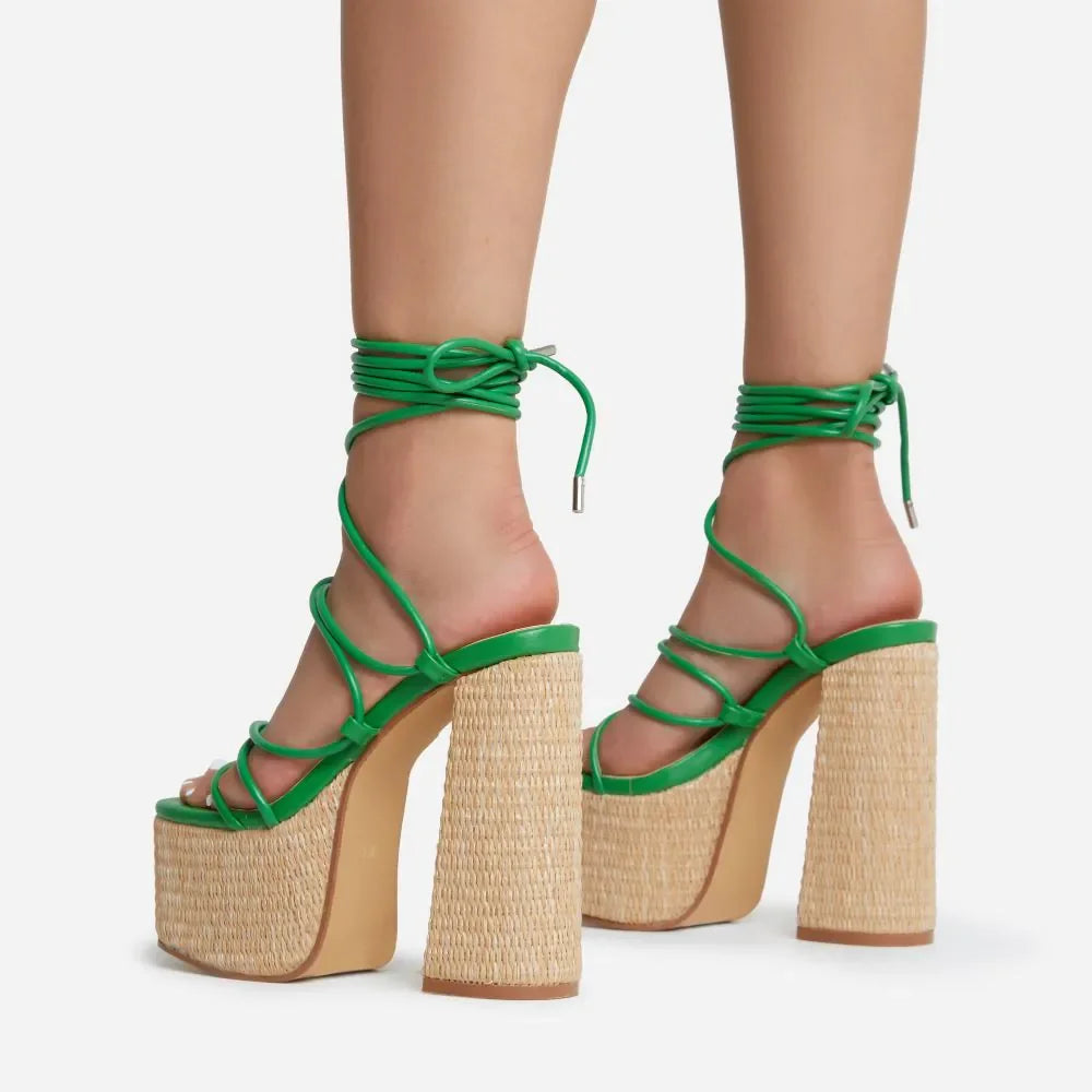 Woven Platform Lace Up Strappy Sandals Block Heel Open Toe Solid Color Sexy Roman Style Women Shoes Summer 2026 New Arrivals Pi-Mart