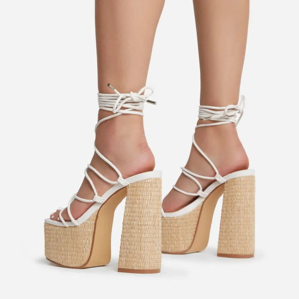 Woven Platform Lace Up Strappy Sandals Block Heel Open Toe Solid Color Sexy Roman Style Women Shoes Summer 2026 New Arrivals Pi-Mart