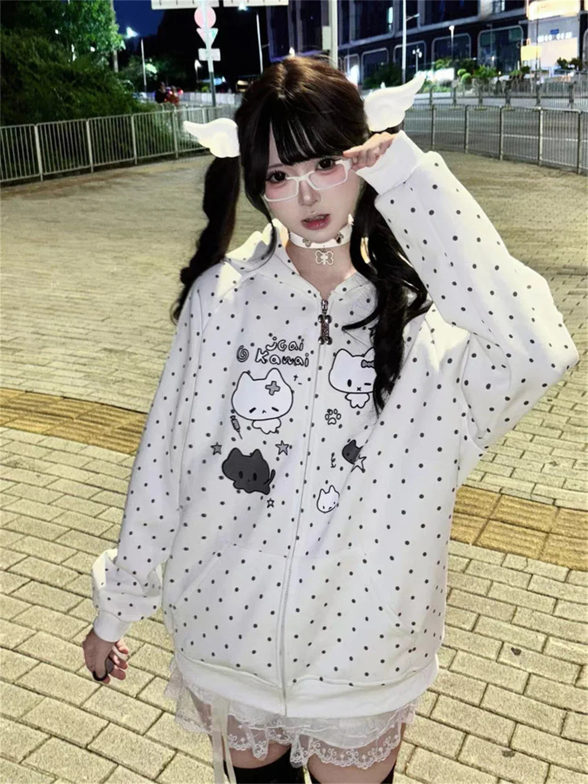 Japanese Y2k Hoodies Jackets Women Clothes Polka Dot Cat Print Sweatshirts 2025 Ropa Mujer Casual Chic Hooded Cute Hoodie Tops LadyShow.Store