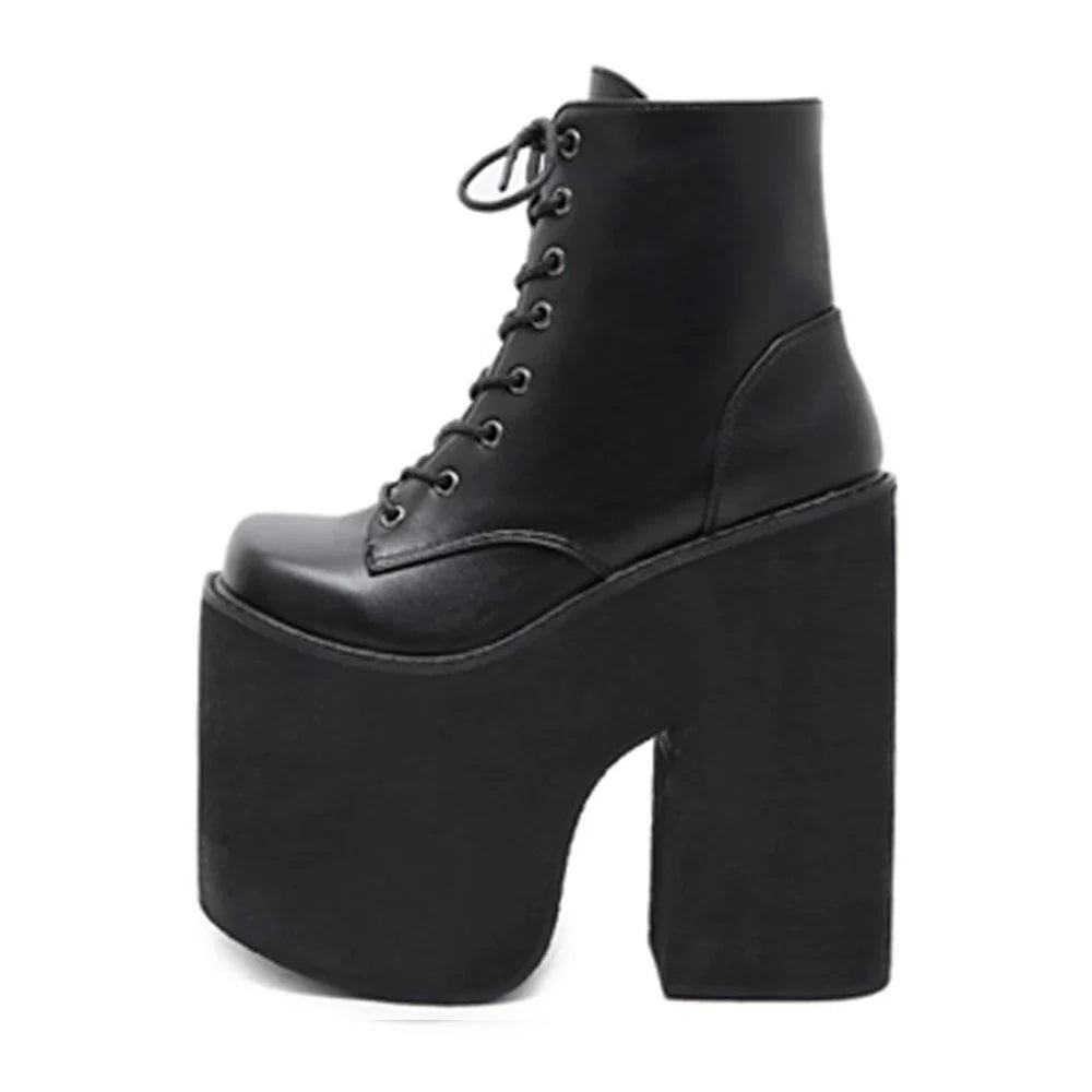 Gdgydh Women's Y2K Style Short Boots Square Closed Toe Lace Up Platform Boots High Chunky Heels Fashion Solid Color Shoes LadyShow.Store