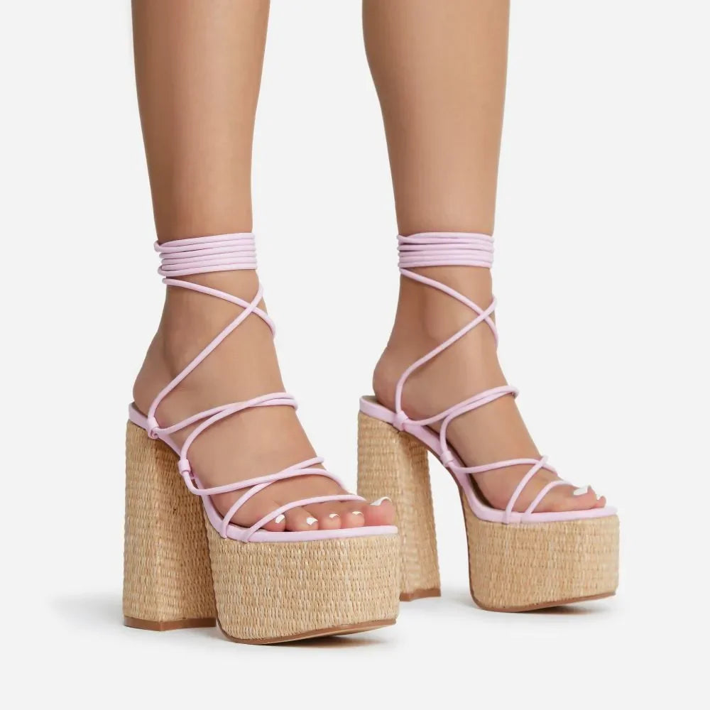 Woven Platform Lace Up Strappy Sandals Block Heel Open Toe Solid Color Sexy Roman Style Women Shoes Summer 2026 New Arrivals Pi-Mart