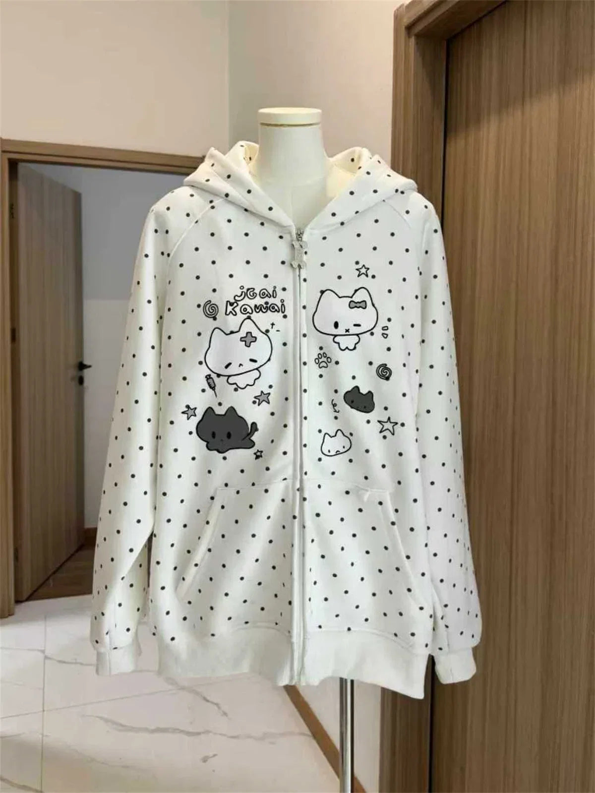 Japanese Y2k Hoodies Jackets Women Clothes Polka Dot Cat Print Sweatshirts 2025 Ropa Mujer Casual Chic Hooded Cute Hoodie Tops LadyShow.Store