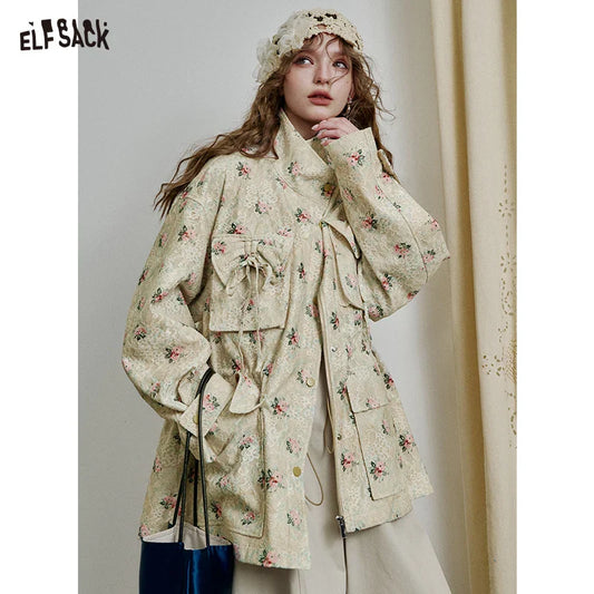 ELFSACK Lace Floral Jacket for Women, Fitted Trench Style Jacket with Bow Tie Pocket, Romantic Cottagecore Elegant Coat LadyShow.Store