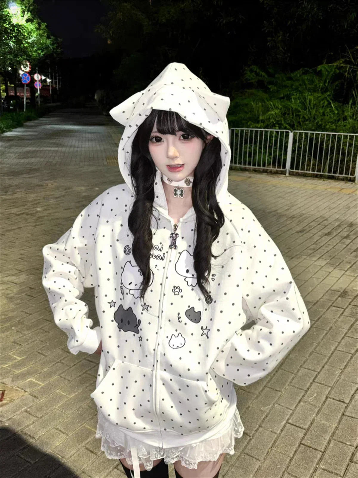 Japanese Y2k Hoodies Jackets Women Clothes Polka Dot Cat Print Sweatshirts 2025 Ropa Mujer Casual Chic Hooded Cute Hoodie Tops LadyShow.Store
