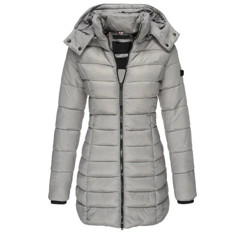 Winter Thicken Warm Women Parkas Zippers Solid Overcoat Casual Long Sleeve Padded Puffer Jacket Female Mid-length Slim Coat Top LadyShow.Store