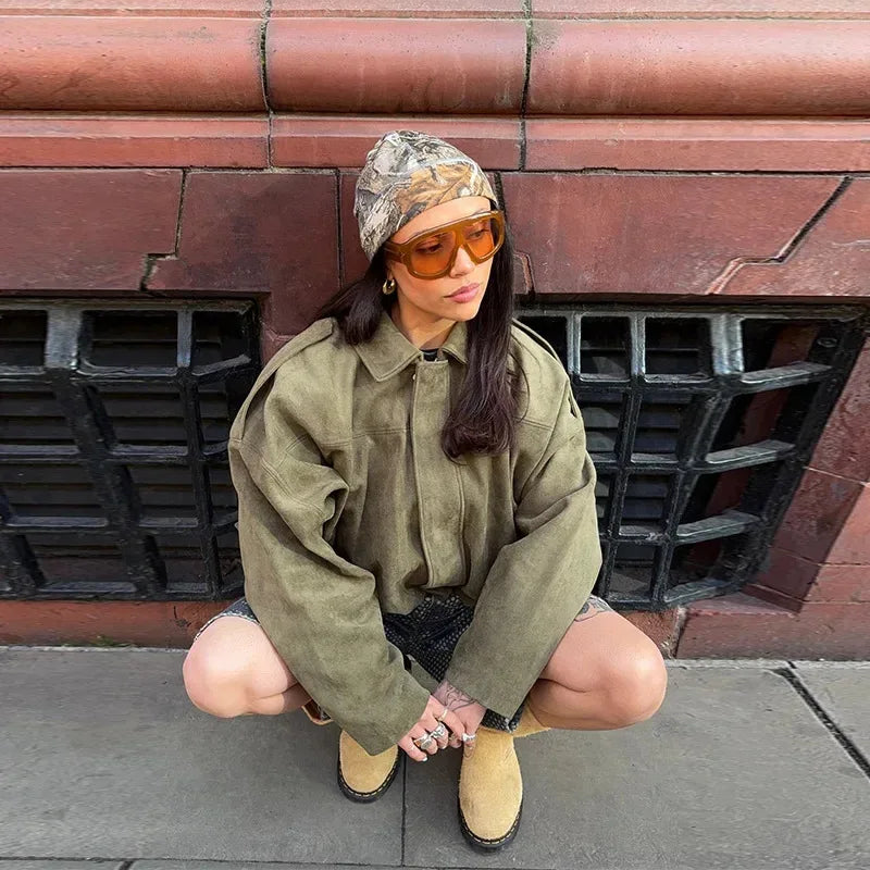 Women's Army Elegant Bomber Jackets Coats Fashion Turn-down Collar Long Sleeve Loose Coats Vintage Female Outerwear Chic Tops LadyShow.Store