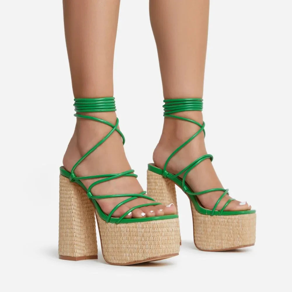 Woven Platform Lace Up Strappy Sandals Block Heel Open Toe Solid Color Sexy Roman Style Women Shoes Summer 2026 New Arrivals Pi-Mart